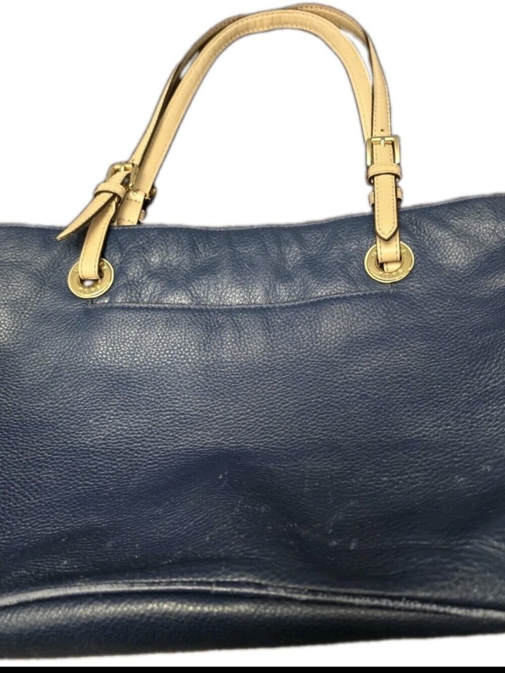 Michael Kors Navy Blue Pebbled Leather Tote Bag Tan Straps Gold Hardware - Picture 2 of 12
